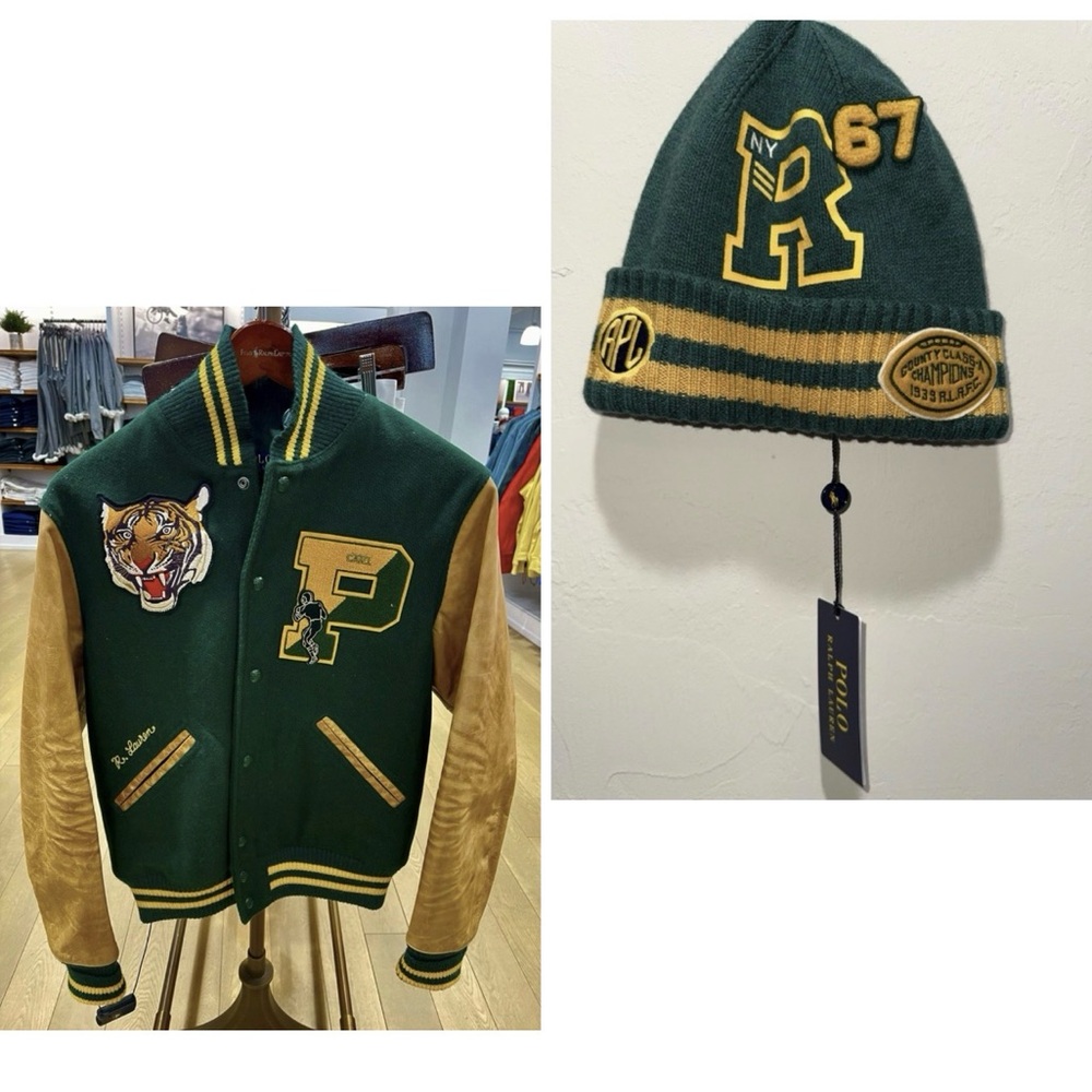 Ralph Lauren Green and Tan Varsity Jacket with beanie